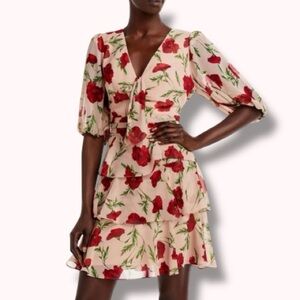 Aqua Formal NEW Pink Red Floral Tiered Ruffled Mini Party Dress- Size 2